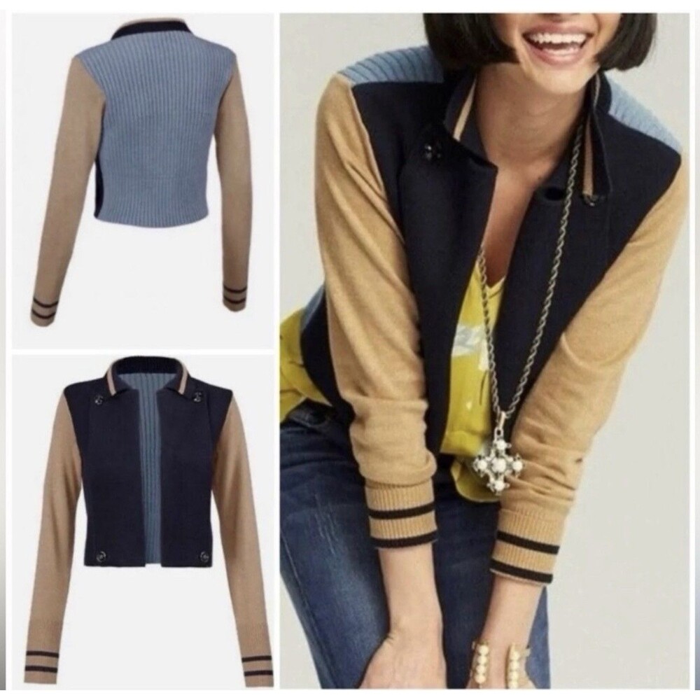 Cabi Turn Back Knit Colorblock Varsity Cropped Cardigan Navy Tan Blue S #3703